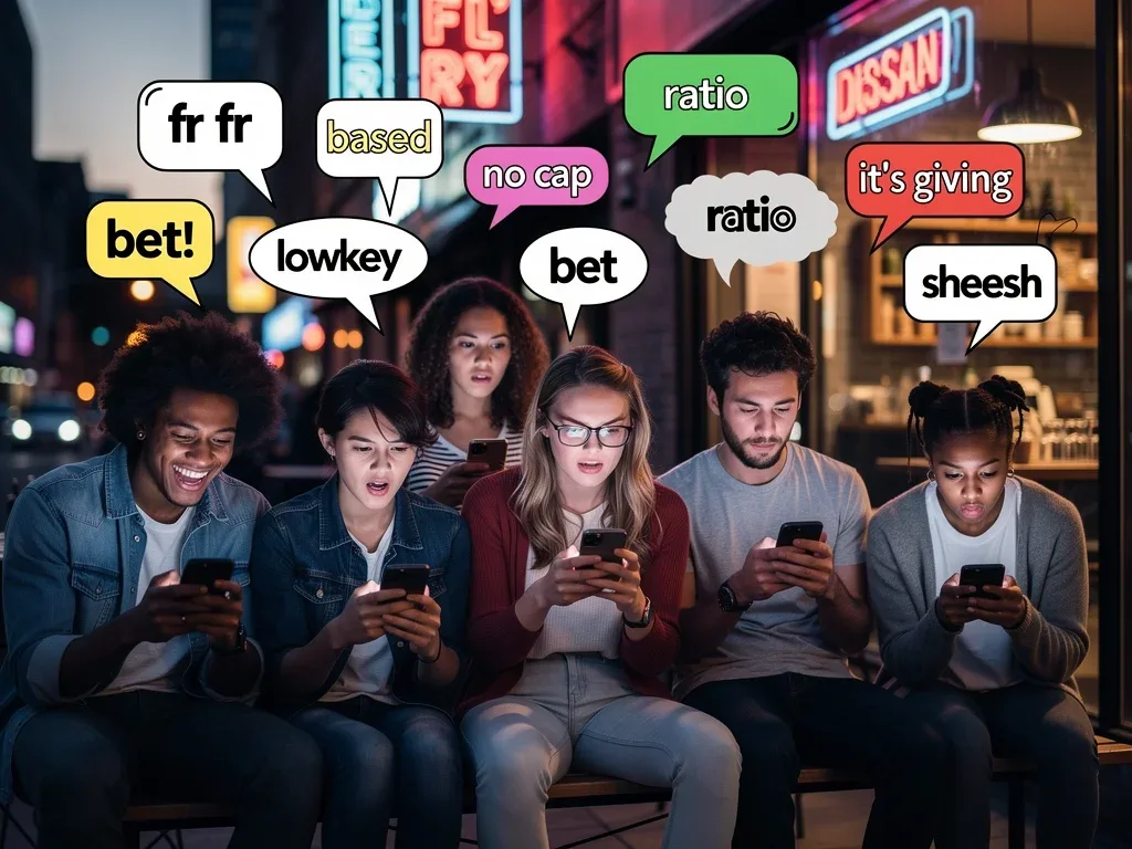 Young adults using smartphones, surrounded by modern slang and internet memes