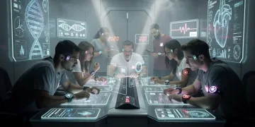 Futuristic escape room team solving bio-responsive puzzles in 2026