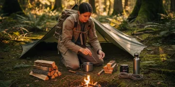 Bushcraft enthusiast setting up a minimalist camp in a forest for a 48-hour survival weekend, emphasizing essential gear and efficiency.