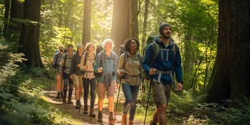 Hikers on a silent wilderness expedition through a serene forest, embodying non-verbal group trekking.