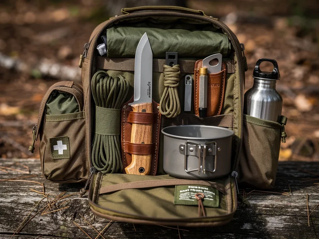 Organized bushcraft backpack with essential tools for a 48-hour wilderness trip, showing knife, fire starter, and cooking pot.