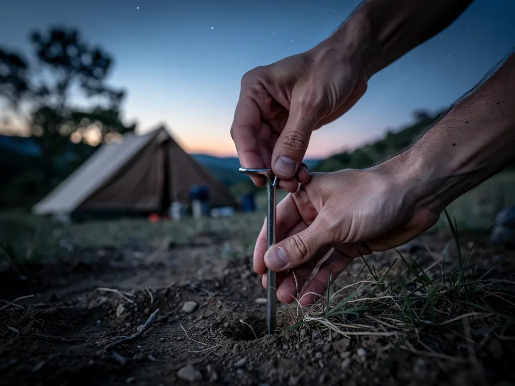Setting up camp silently in a remote wilderness, emphasizing mindful outdoor practices.