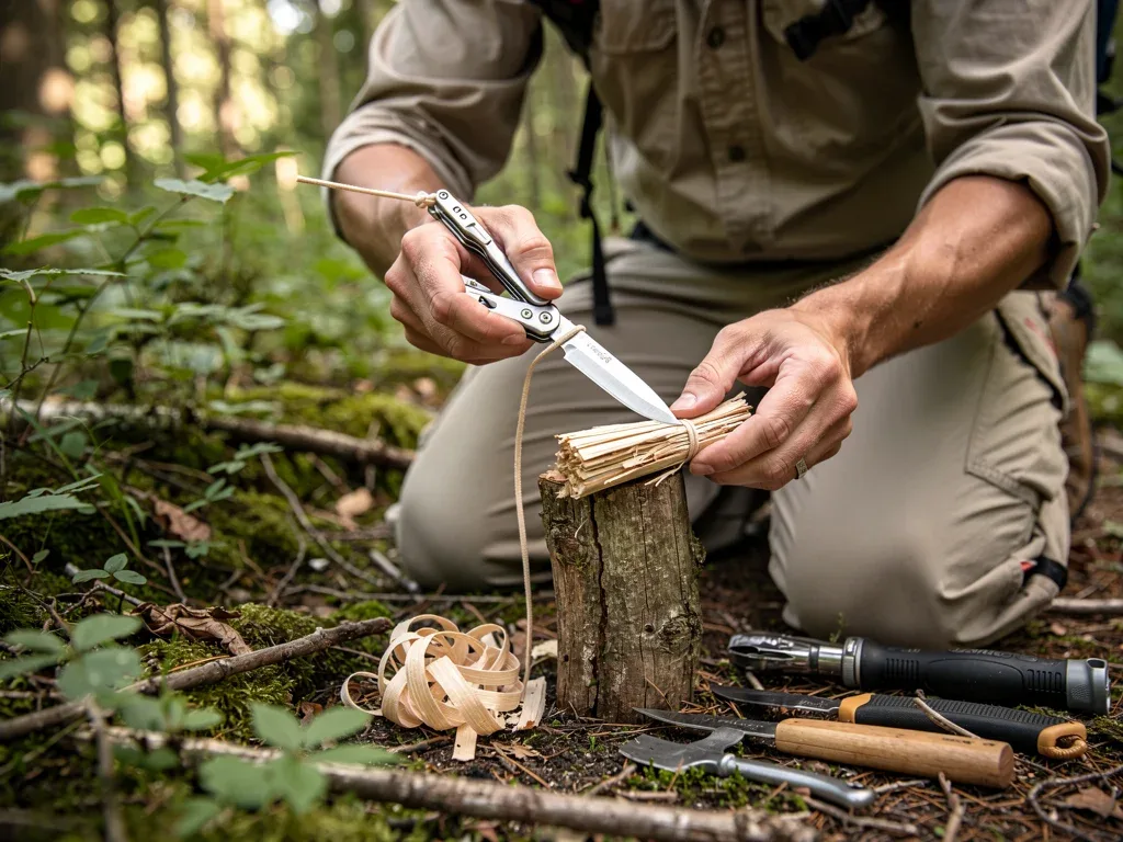 Person using a multi-tool for a bushcraft task in the outdoors, demonstrating versatility and cost-effectiveness.