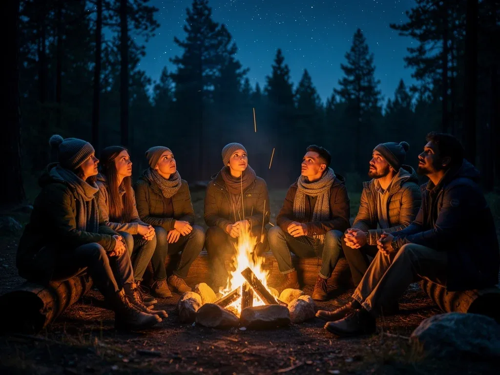 Silent group meditation around a campfire under a starlit sky, fostering introspection.