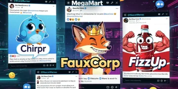 Satirical logos and brand mascots on social media, representing the rise of corporate brand parody accounts.