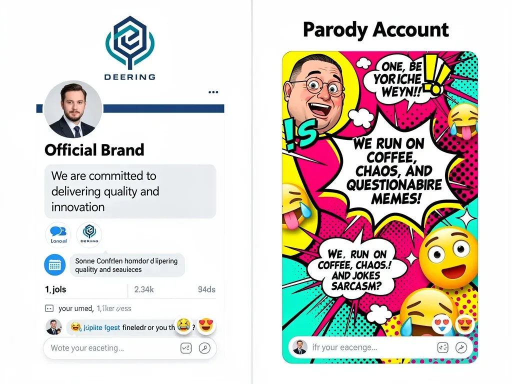 Comparison of a serious corporate brand persona versus its humorous parody account on social media.