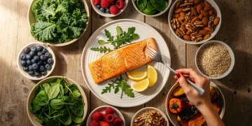 Colorful anti-inflammatory meal spread with salmon, greens, and berries for healthy living.