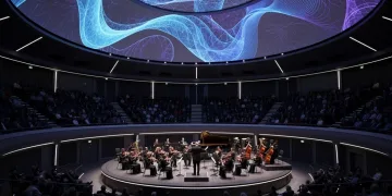 Immersive 360-degree symphonic dome with generative art during a classical concert.
