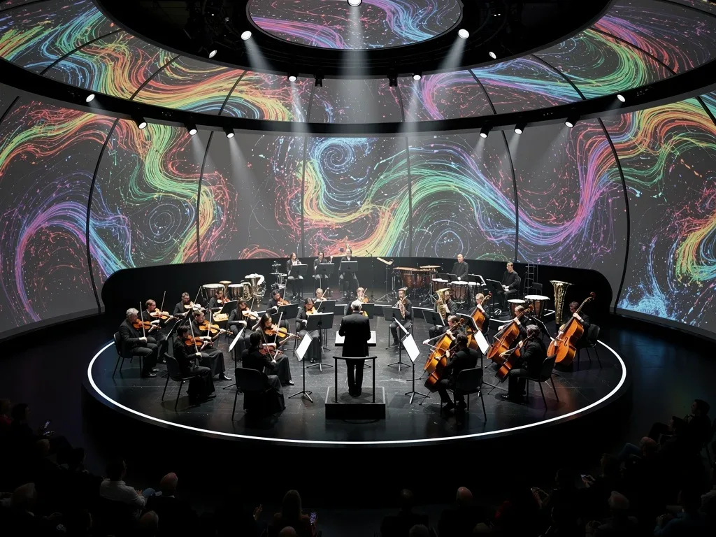 Orchestra performing with reactive generative art in a 360-degree dome.