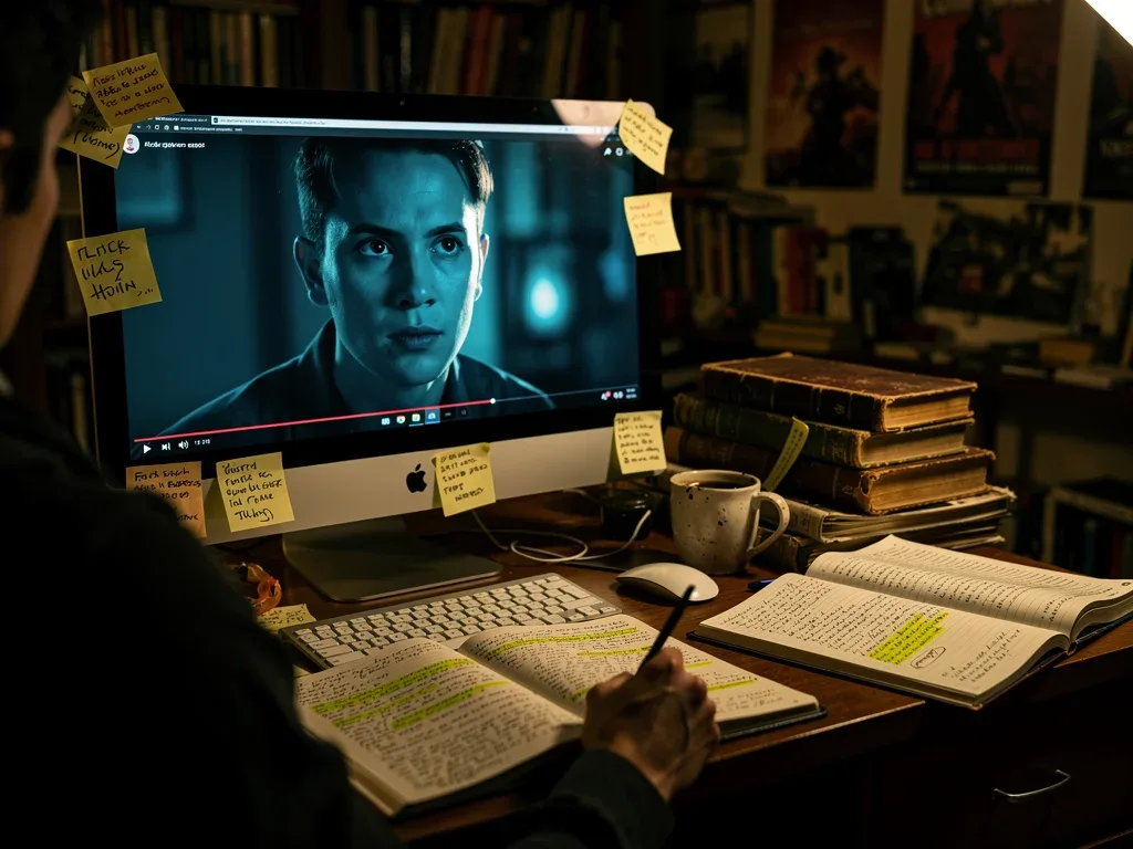 Person deeply engaged watching a long video essay