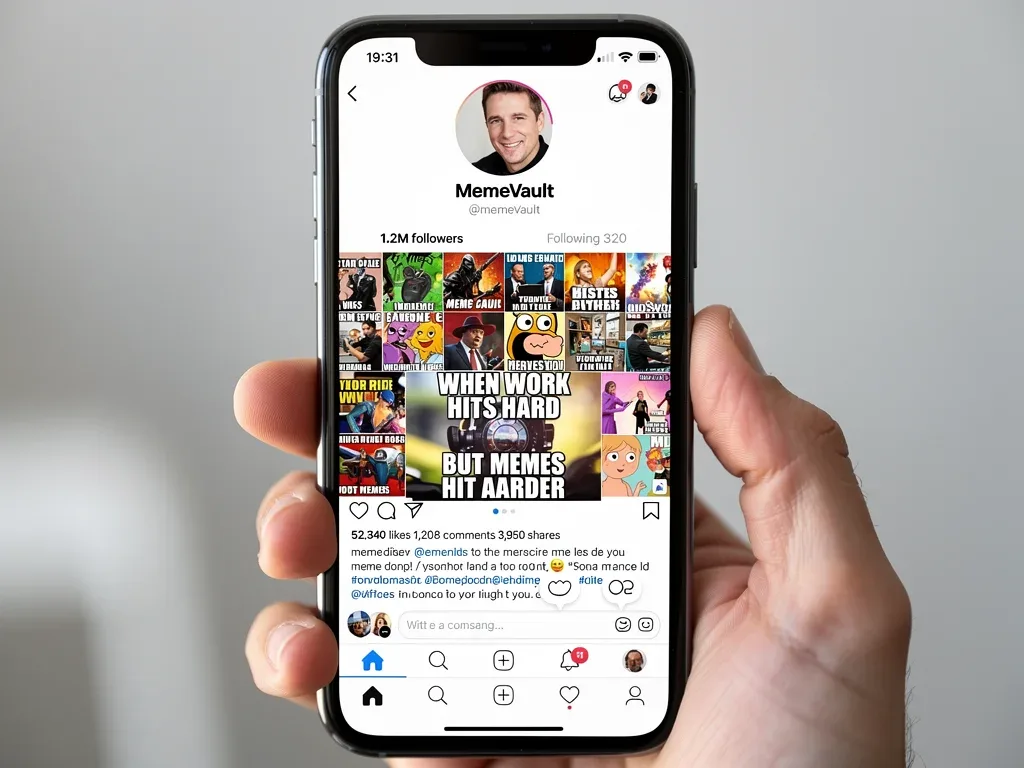 Smartphone screen displaying a high-engagement meme curation account profile