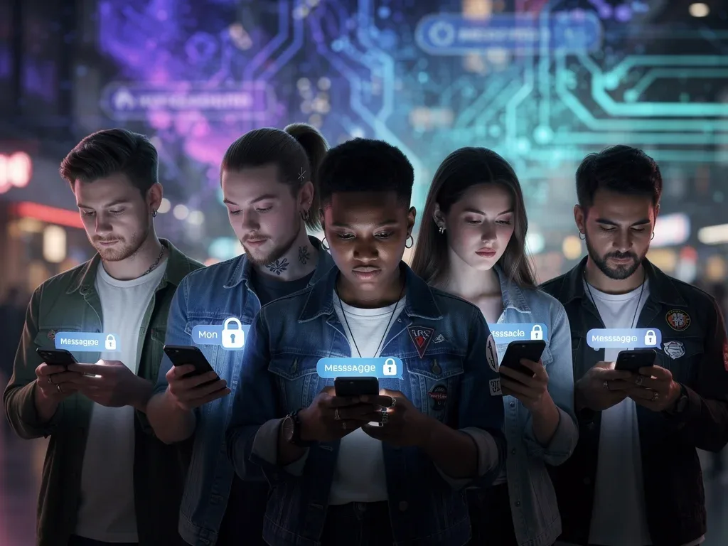 Diverse subculture members using encrypted messaging apps on smartphones.