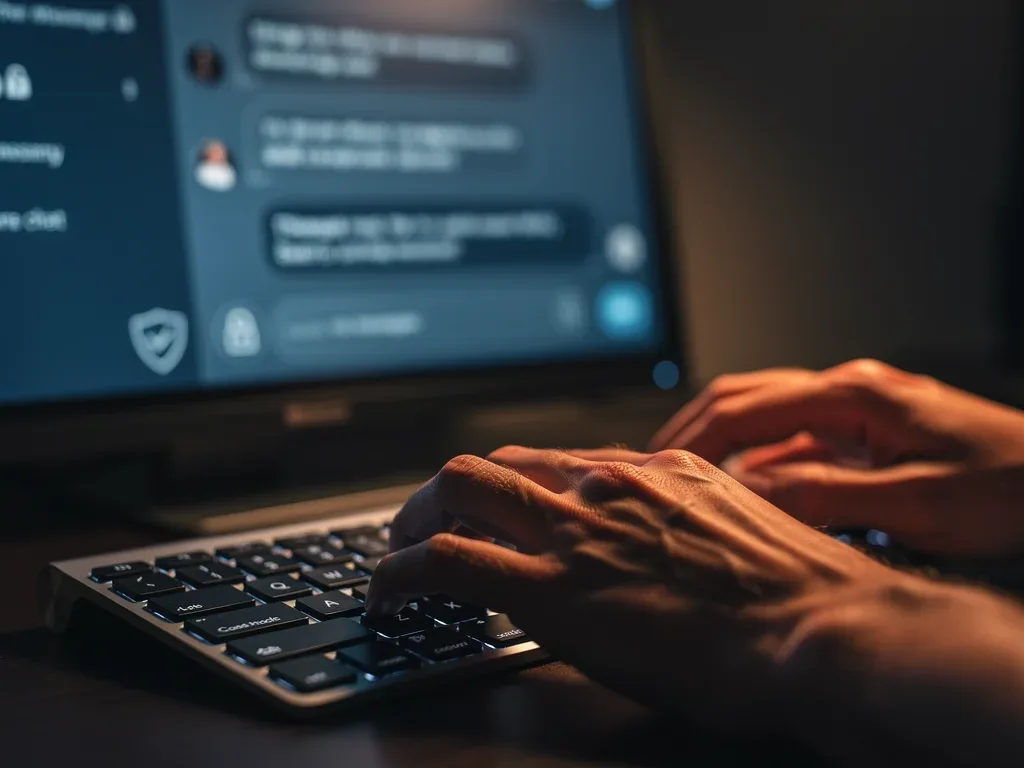 Hands typing on a keyboard, focusing on secure encrypted chat communication.