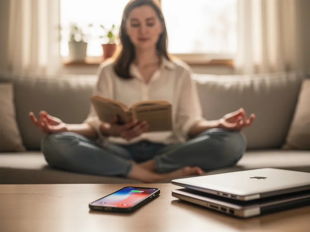 Person meditating or reading, embracing offline activities