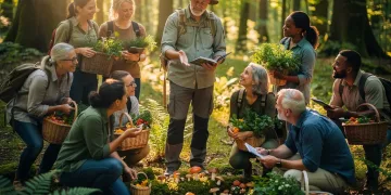 Group learning about wild edibles in a forest during a foraging masterclass