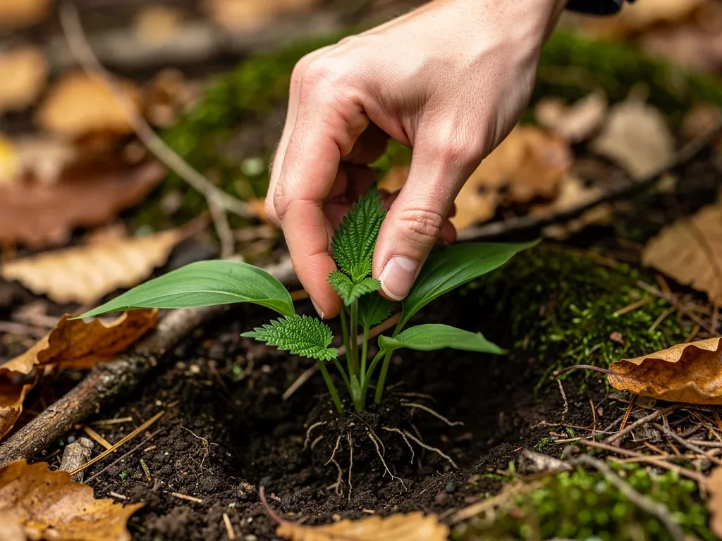 Hand identifying and harvesting wild edible plant in nature