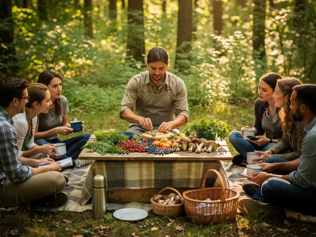 Chef demonstrating cooking with freshly foraged ingredients in a forest
