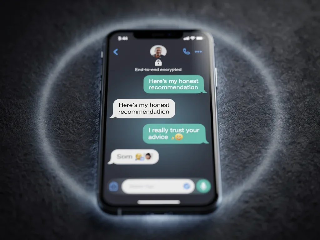 Smartphone displaying private chat with authentic recommendations, symbolizing trust