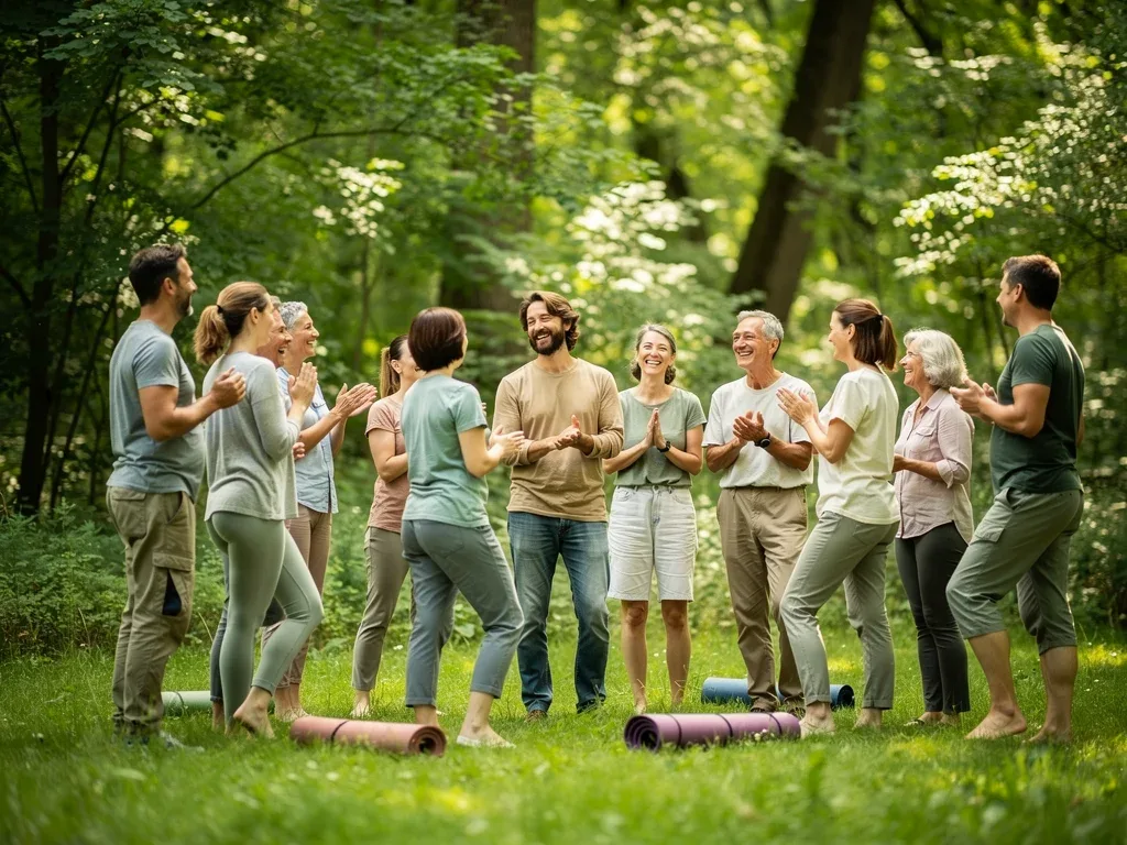 Group enjoying outdoor yoga at wellness retreat