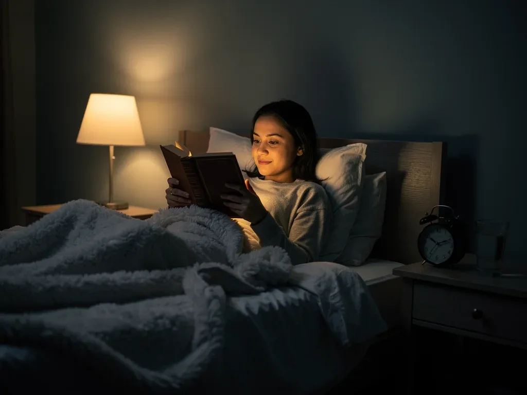 Person reading a book before sleep, avoiding screens to reduce cortisol