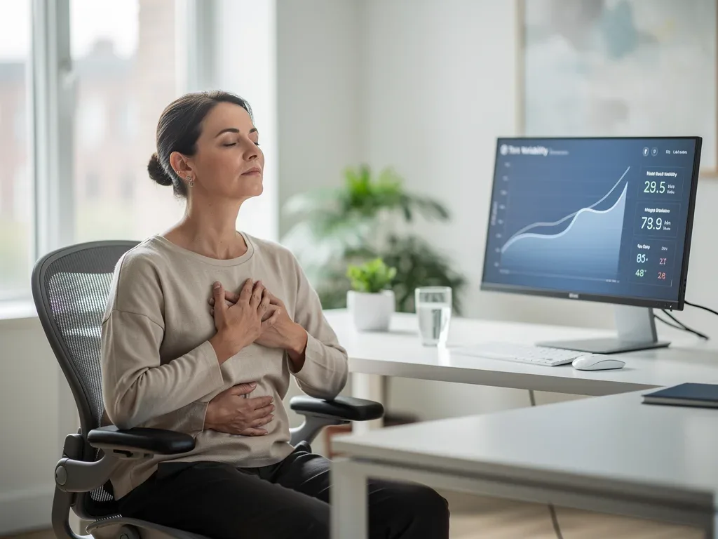 Person performing somatic breathwork in an office to reduce stress