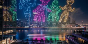Dynamic drone light show over a city skyline at night, showcasing intricate glowing patterns.