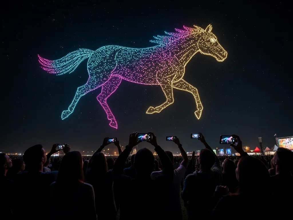 Audience captivated by a vibrant drone light show forming animal shapes in the night sky.