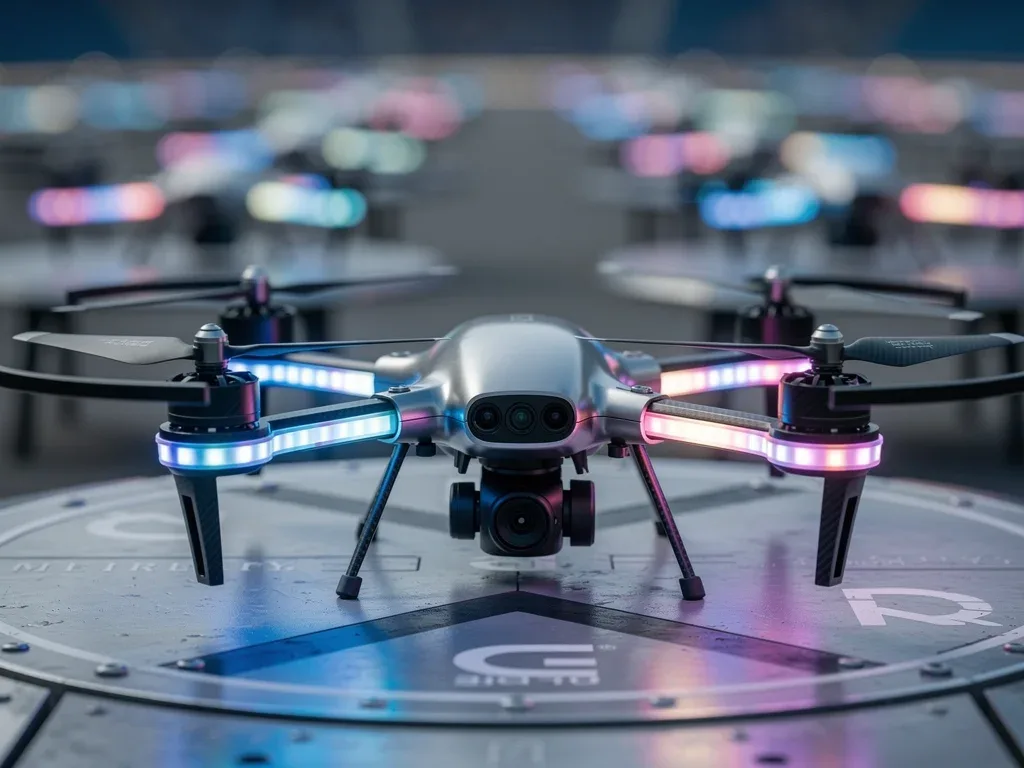 Close-up of a light show drone with illuminated LEDs on a launchpad.
