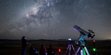 People stargazing with telescopes under a clear Milky Way sky