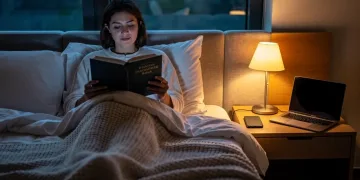 Person reading book, digital devices off, tranquil bedroom at dusk