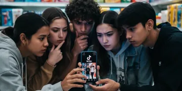 Young people engaging with de-influencing content on TikTok, questioning consumer culture.