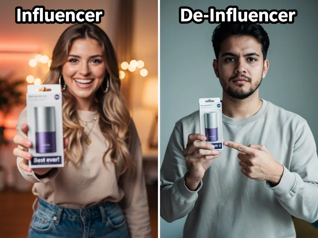 Visual comparison between traditional influencer product promotion and a de-influencer's critical review.