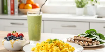 High-protein breakfast spread with eggs, yogurt, and sausage for energy