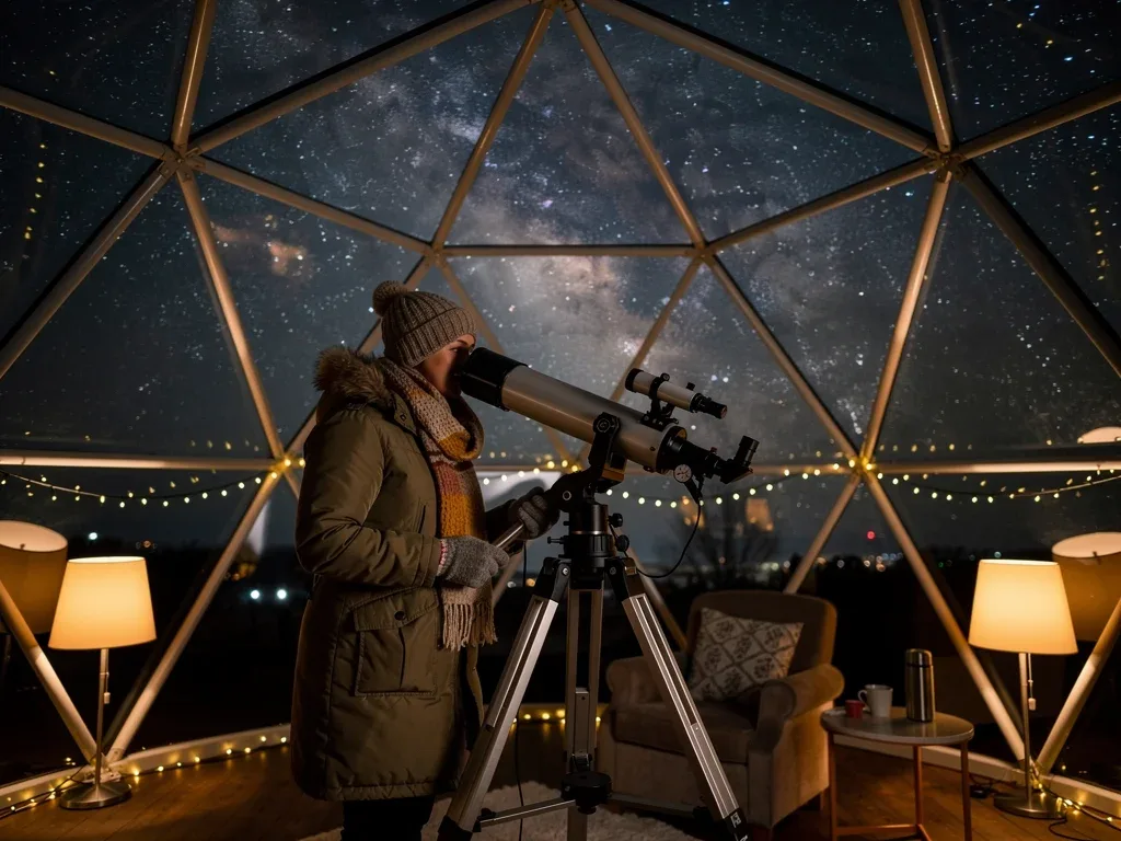 Person stargazing with a telescope from inside a clear geodesic dome at night.