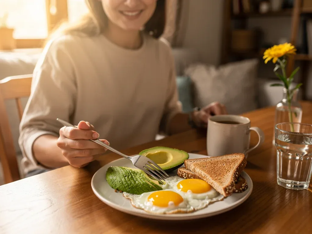 Person enjoying a balanced protein-rich breakfast