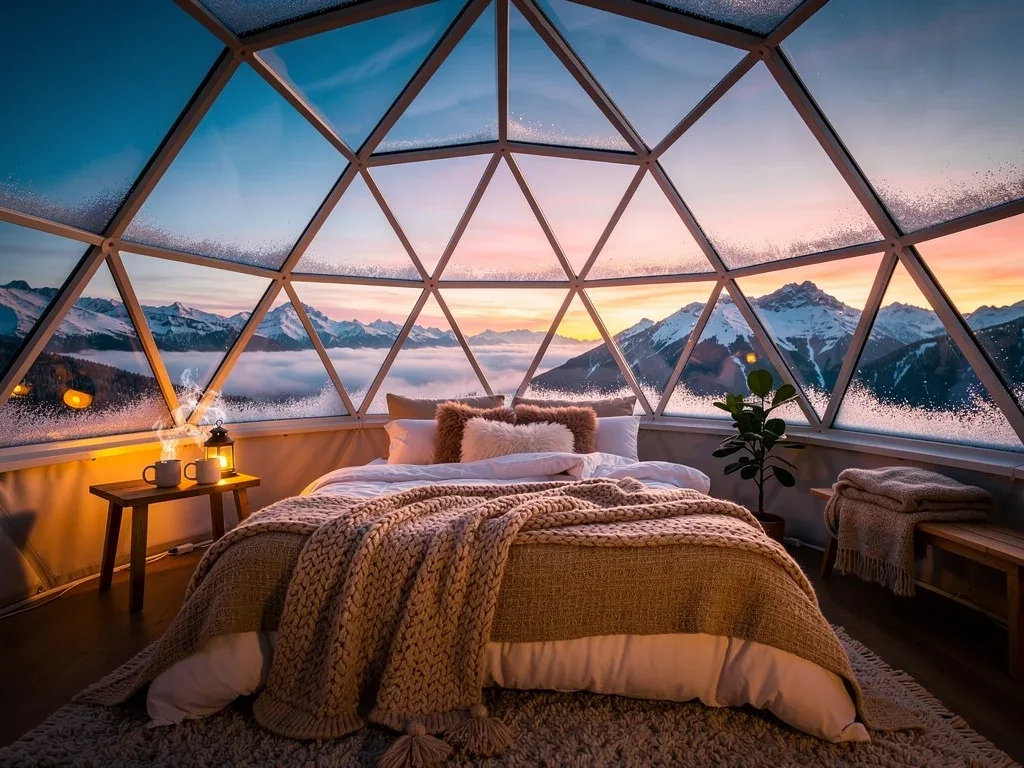 Cozy interior of a high-altitude geodesic dome with mountain views at dawn.