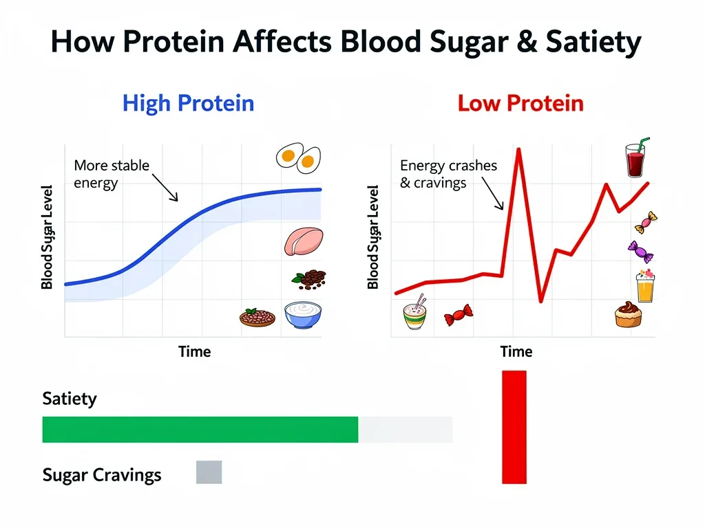 Infographic showing protein's effect on blood sugar and satiety