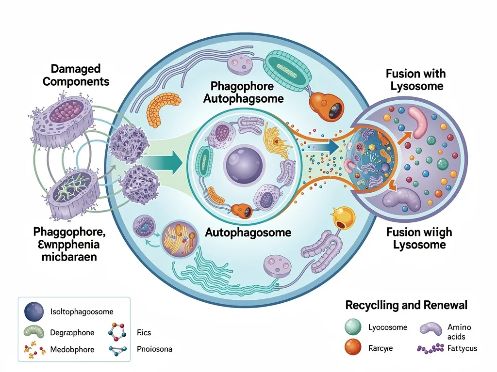 Diagram illustrating cellular autophagy process and its benefits for cell renewal