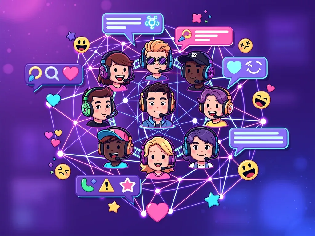 Stylized illustration of Twitch community lore impacting online slang, with interconnected chat bubbles and streamer avatars.