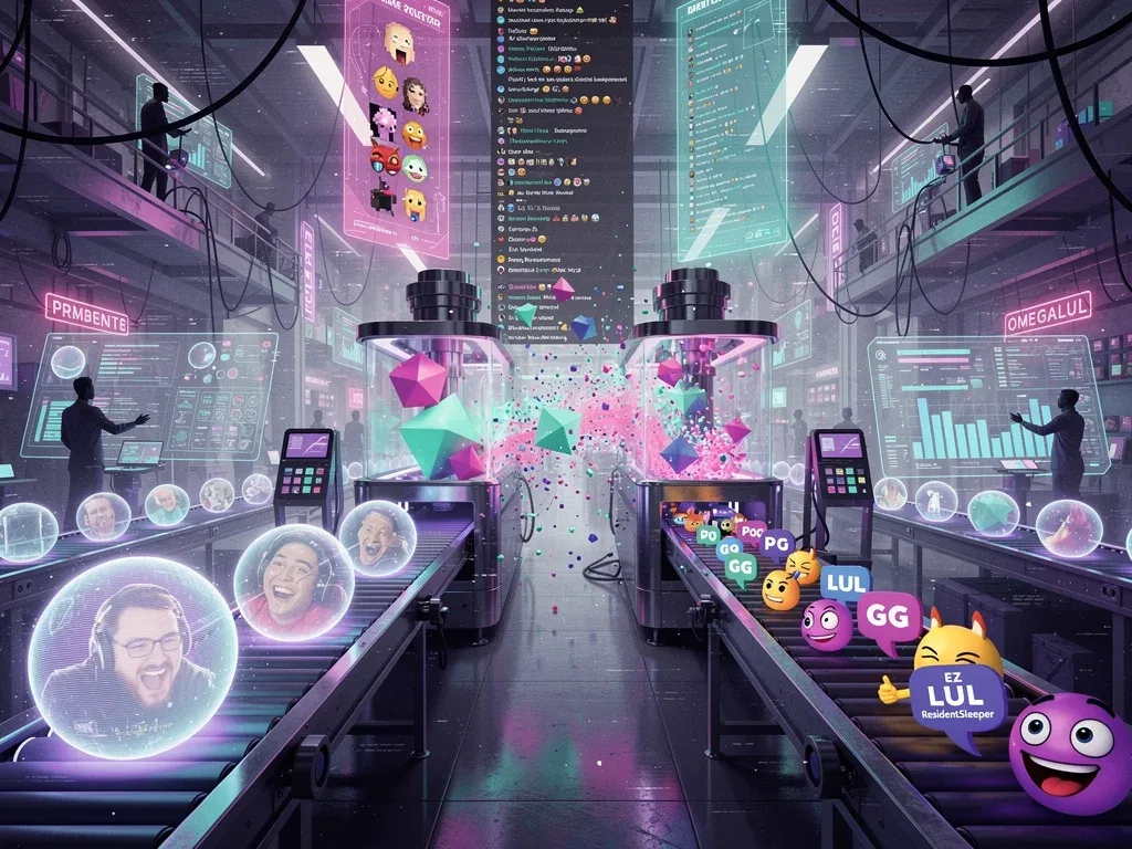 Artistic depiction of a meme factory creating online slang and emotes from Twitch moments.