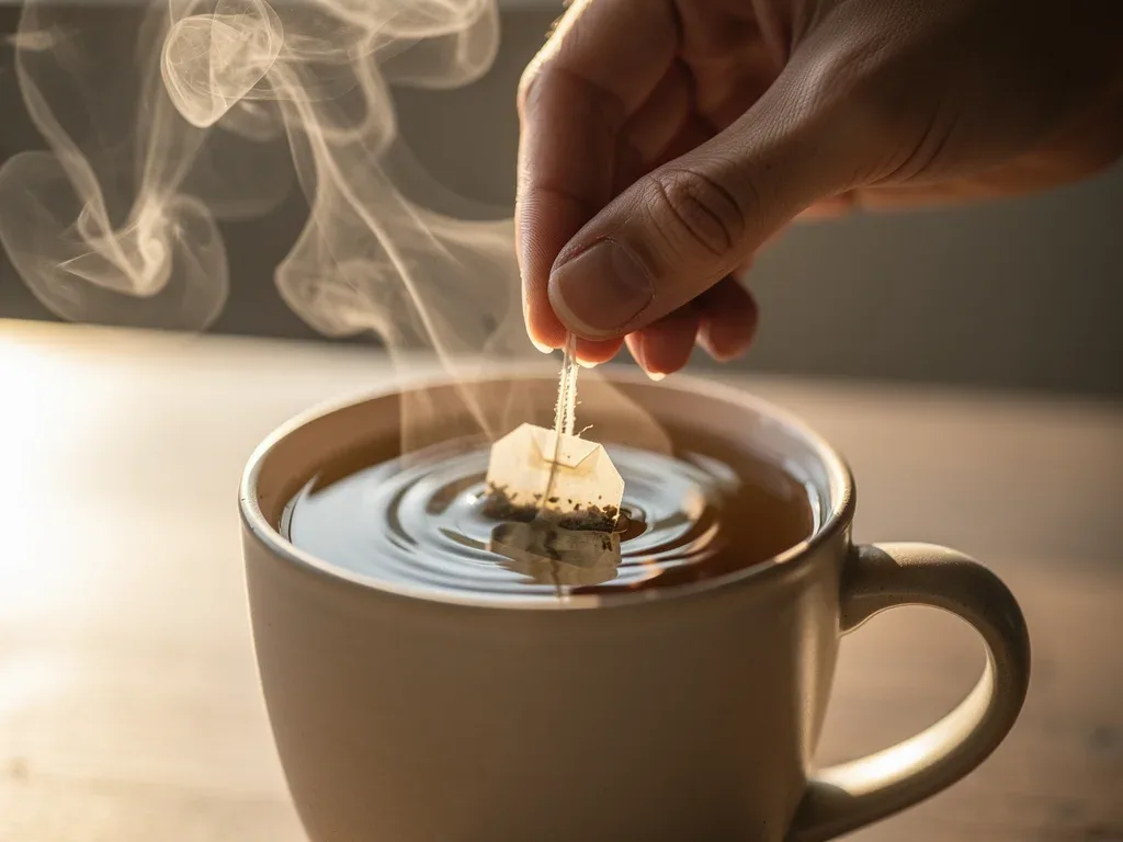 Hand placing teabag into mug, mindful break