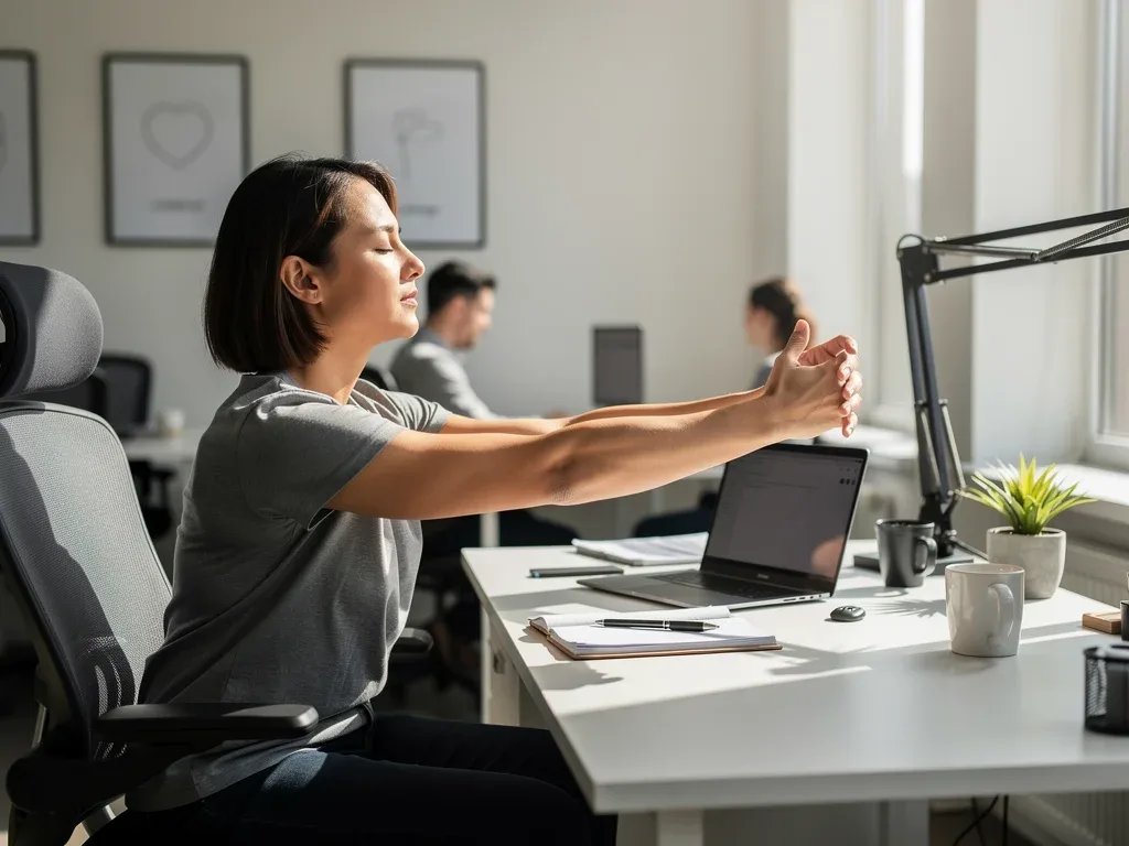 Person stretching at office desk, quick movement