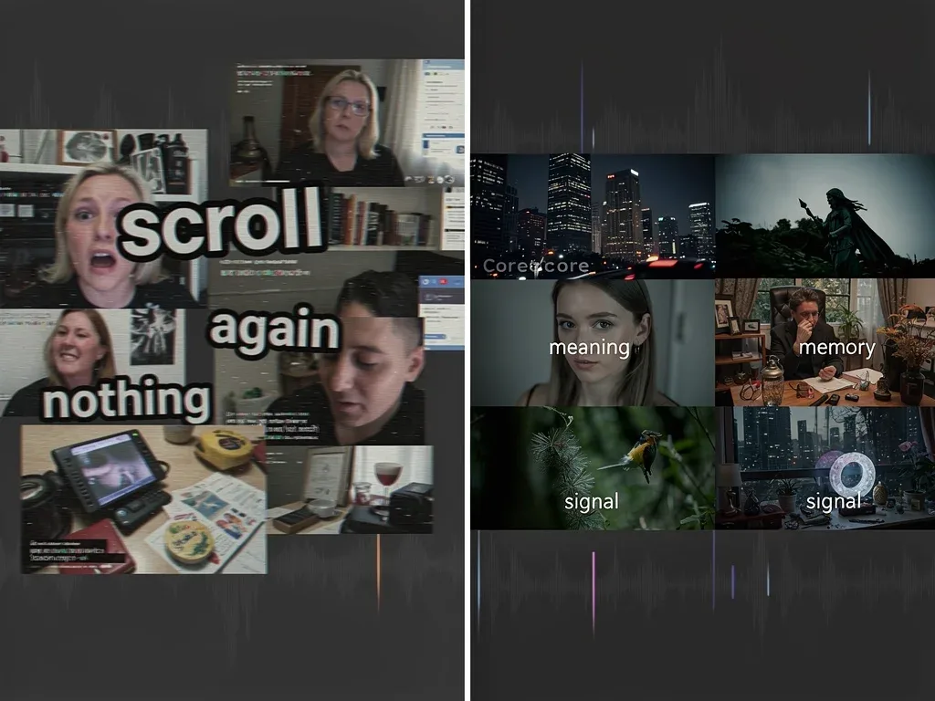 Visual comparison of corecore's fragmented reality and slopcore's unpolished chaos