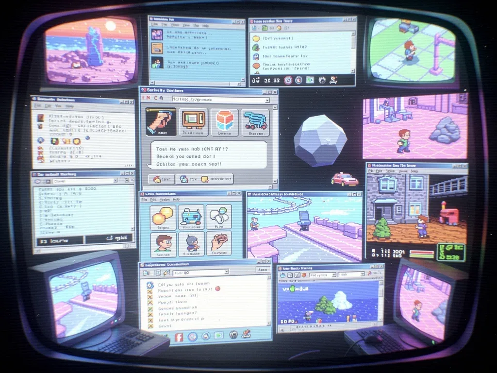 Digital mosaic representing nostalgia bait internet aesthetic with retro elements