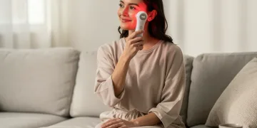 Woman using a red light therapy device at home for a 10-minute daily session
