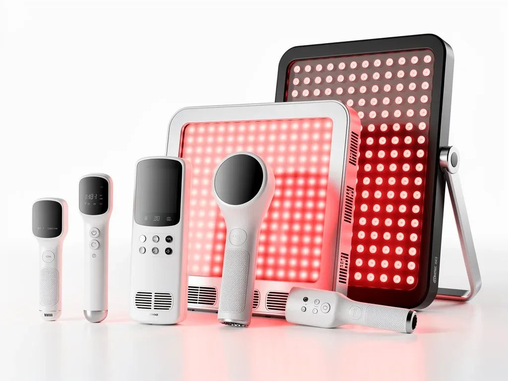 Various red light therapy devices for home use, showcasing different sizes and designs