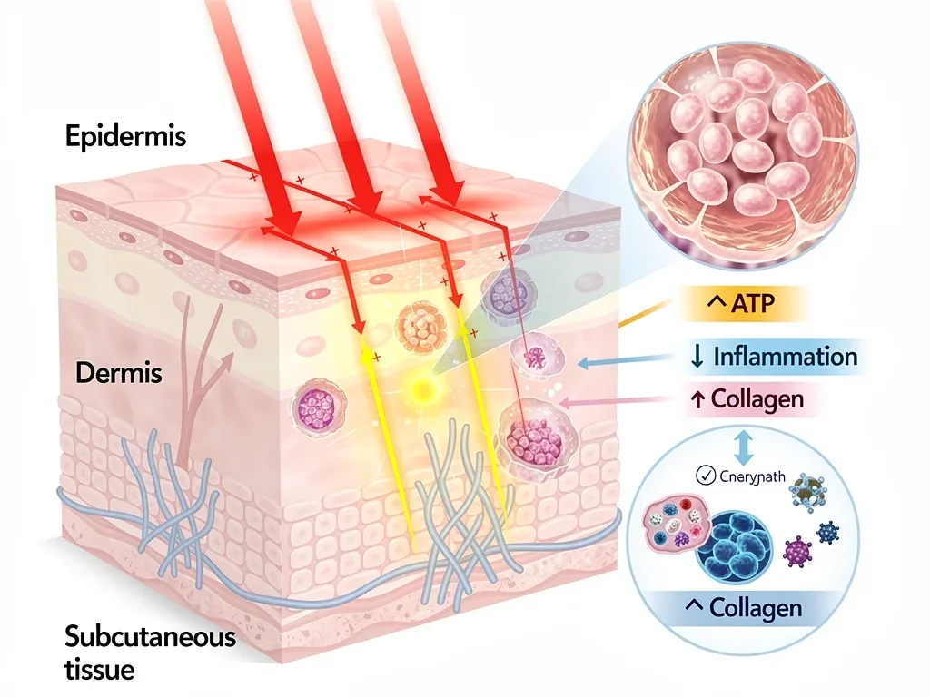 Scientific diagram illustrating the cellular mechanisms and benefits of red light therapy