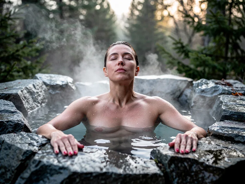 Person engaged in cold plunge therapy in a natural environment