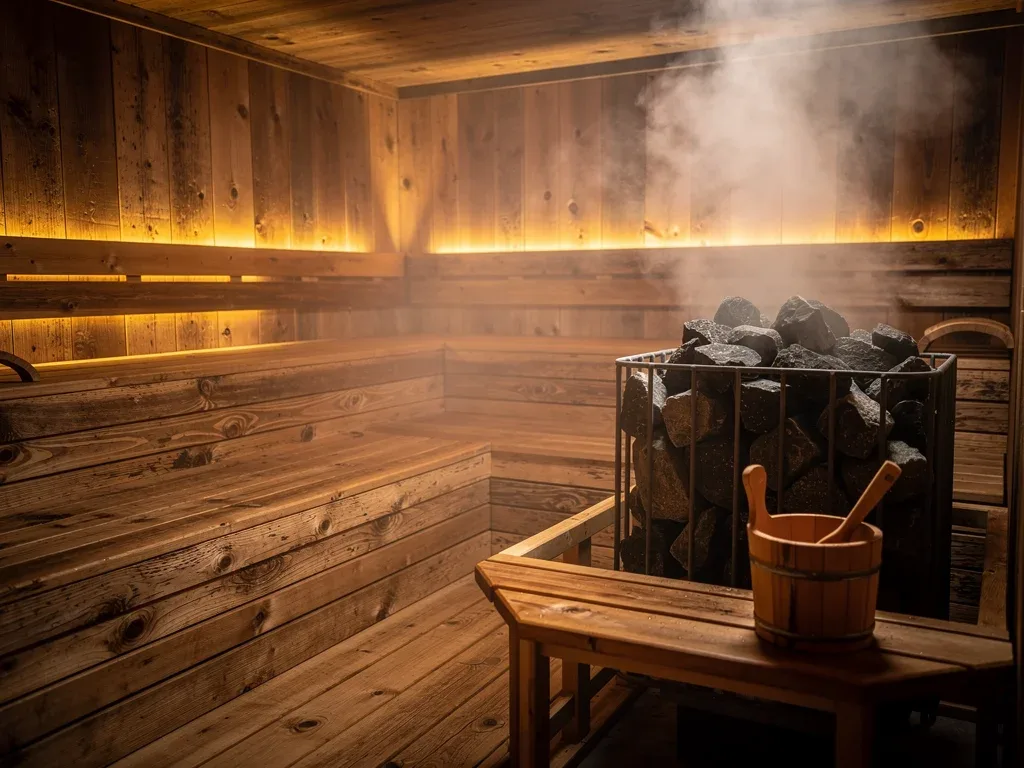 Interior of a natural thermal sauna in a wilderness retreat