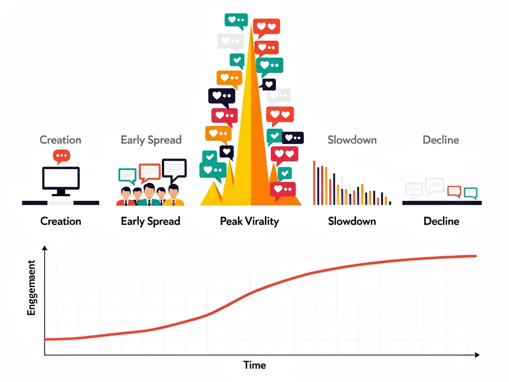 Meme lifecycle infographic showing rapid virality and decline phases